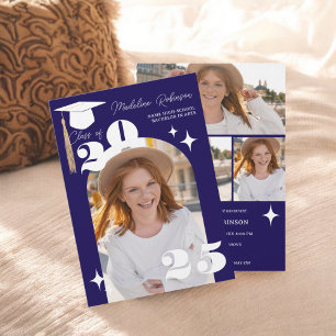 Invitation Boho Navy blue Stars Moderne 4-Photo Graduation