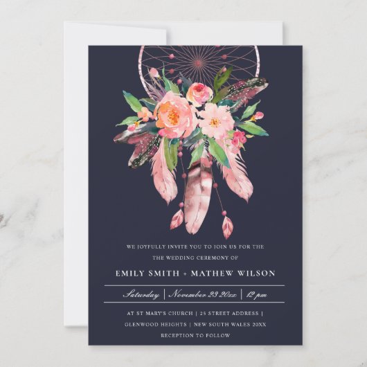 INVITATION BOHO NAVY BLUSH ANTLER DREAM CATCHER FLORE MARIAGE (Devant)