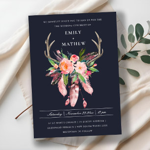 INVITATION BOHO NAVY BLUSH ANTLER DREAM CATCHER FLORE MARIAGE