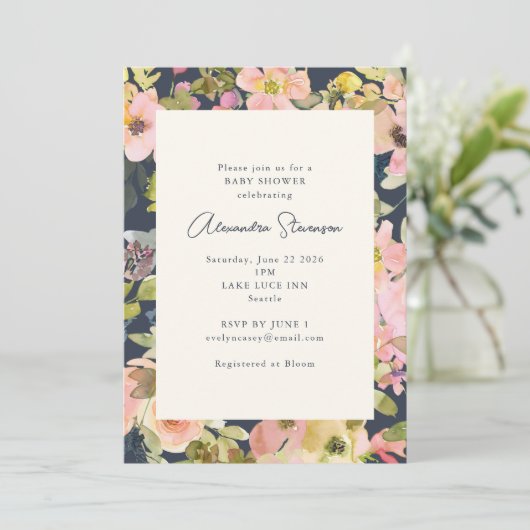 Invitation Boho Navy Blush Aquarelle Baby shower Floral (Debout devant)