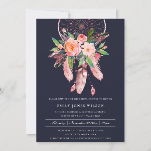 INVITATION BOHO NAVY BLUSH DREAM CATCHER FÊTE DES MARIÉES FLO (Devant)