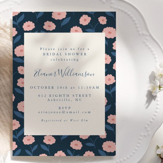 Invitation Boho Navy et Fête des mariées de fleurs roses