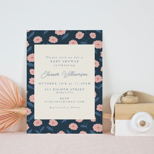 Invitation Boho Navy et Fleurs roses mignonnes Baby shower
