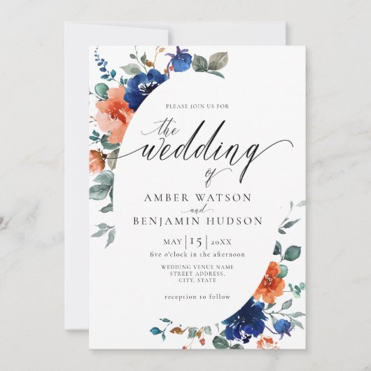 Invitation Boho Navy Floral Brûlé Orange Élégant Mariage (Devant)
