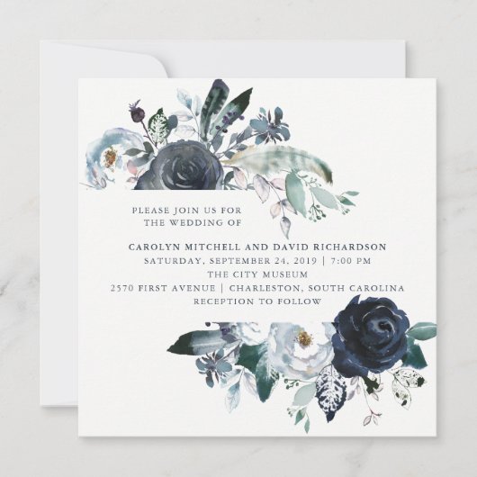 Invitation Boho Navy Peony Floral Mariage (Devant)