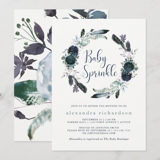 Invitation Boho Navy Peony Floral Wreath Baby Sprinky (Devant / Derrière)