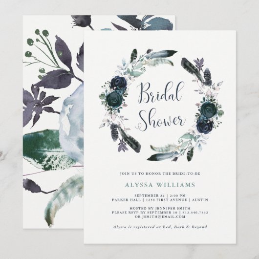 Invitation Boho Navy Peony Floral Wreath Fête des mariées (Devant / Derrière)