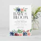 Invitation Boho Navy Pink Floral Baby in Bloom Baby Shower (Debout devant)