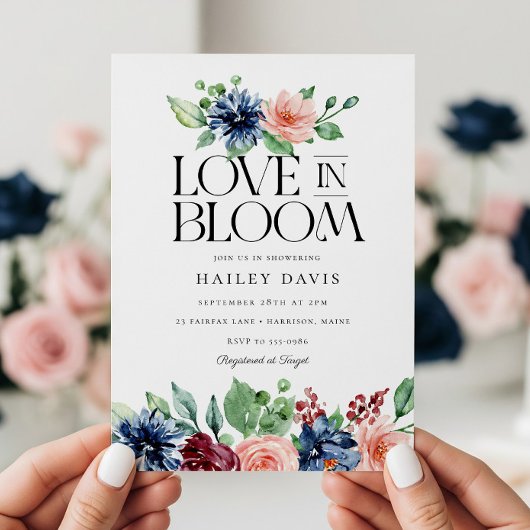 Invitation Boho Navy Pink Floral Love in Bloom Bridal Shower