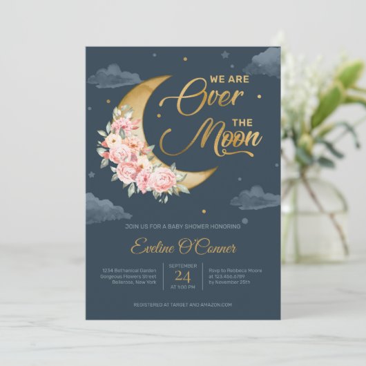 Invitation Boho Navy rougit de feuille d'or sur la lune bébé (Debout devant)