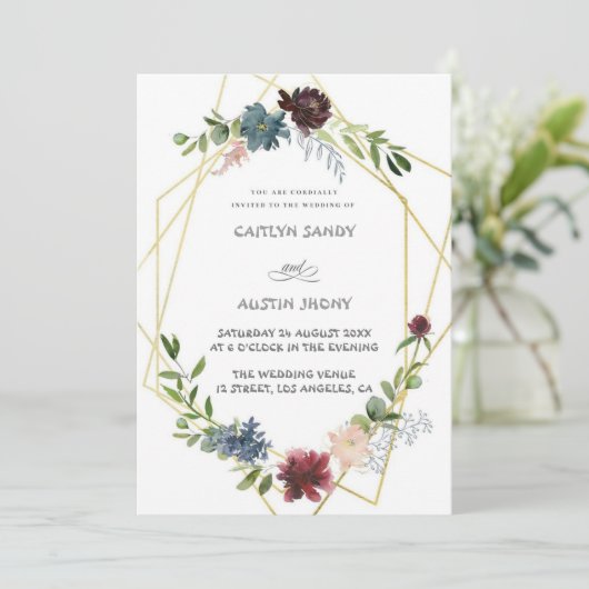Invitation Boho Navy & vert floral simple  (Debout devant)