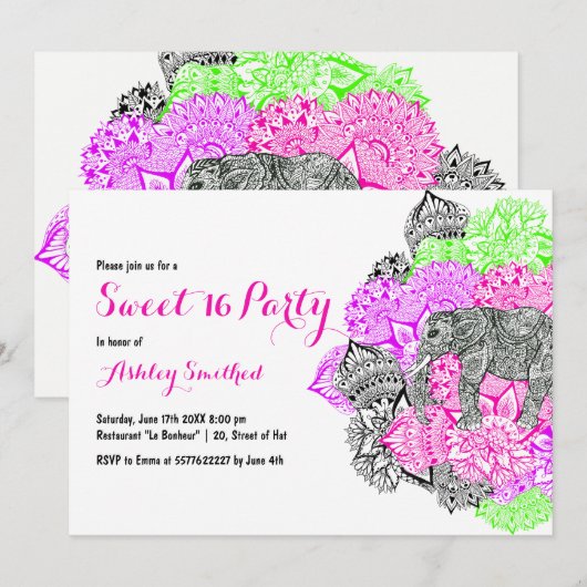 Invitation Boho neon rose floral mandala éléphant Sweet 16 (Devant / Derrière)
