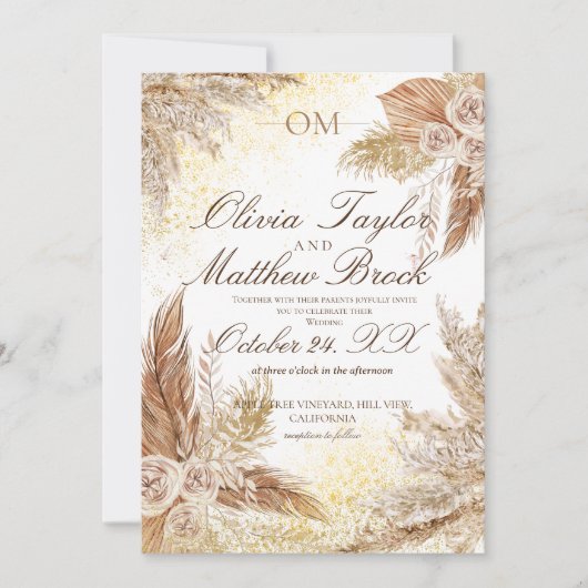 Invitation Boho Neutral Aquarelle Pampas Mariage en herbe (Devant)