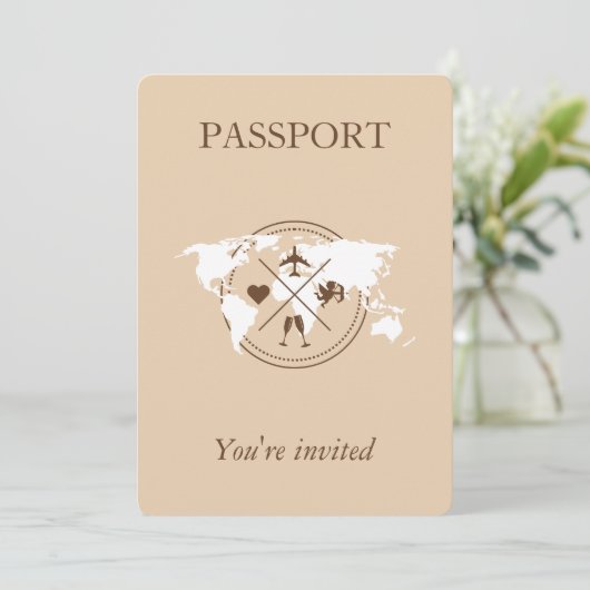 Invitation Boho Neutral Beige Passeport Destination Mariage (Debout devant)