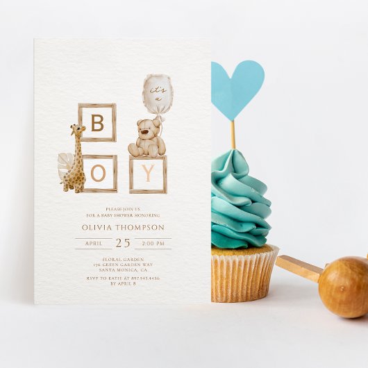 Invitation Boho Neutral Bois Bloc Lettres C'est un garçon Dou