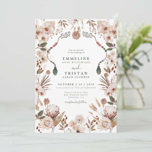Invitation Boho Neutral Fleur sauvage Mariage (Debout devant)