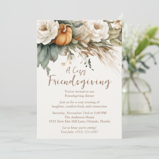 Invitation Boho Neutral Floral Citrouille QR Code Friendsgivi (Debout devant)