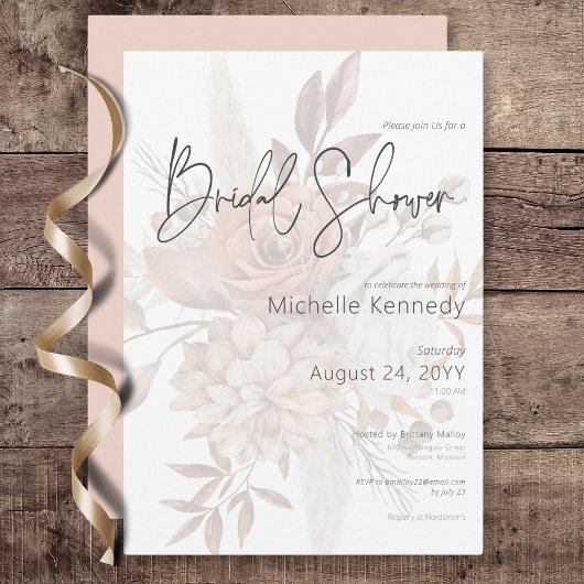Invitation Boho Neutral Soft Floral Bouquet Fête des mariées