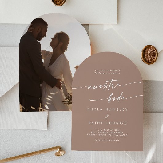 Invitation Boho Neutral Taupe Photo Arch Mariage espagnol