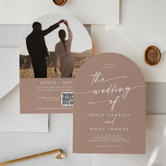 Invitation Boho Neutral Taupe Photo QR Code Arch Mariage