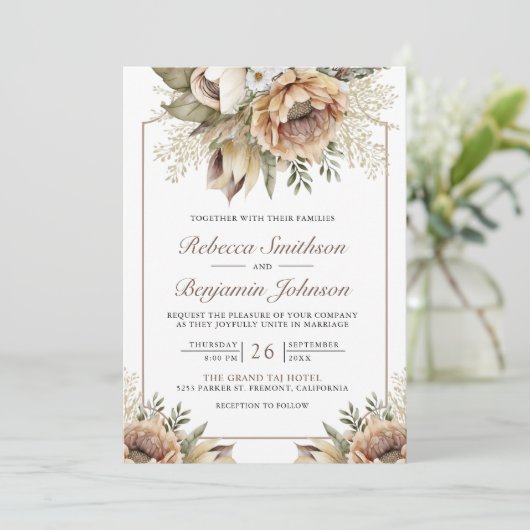 Invitation Boho Neutral Terme Floral Taupe QR Code Mariage (Debout devant)