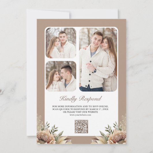 Invitation Boho Neutral Terme Floral Taupe QR Code Mariage (Dos)