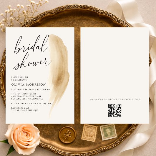 Invitation Boho Neutral Watercolor QR Code Bridal Shower
