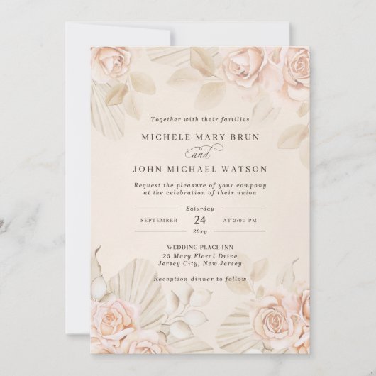 Invitation Boho Neutre Beige Tan Blush Rose Floral Mariage (Devant)