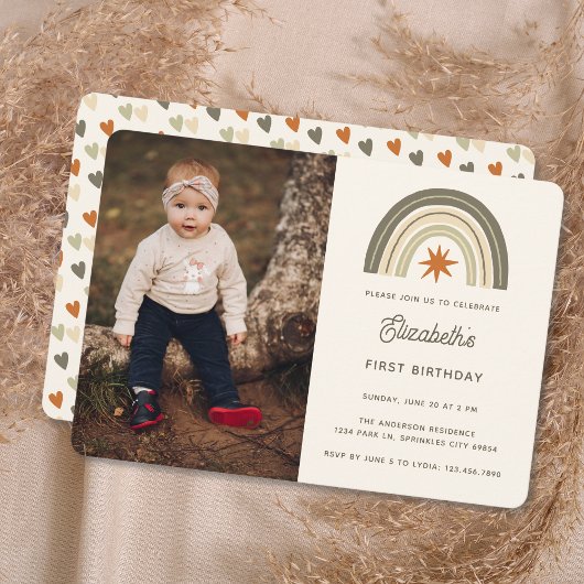 Invitation Boho neutre genre Rainbow photo premier anniversai