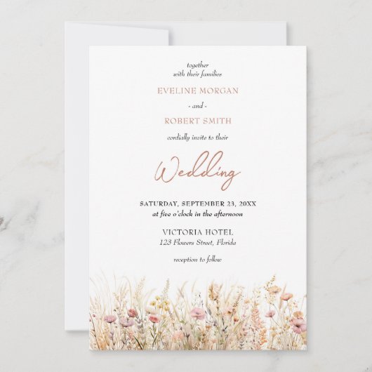 Invitation Boho neutre terroir pastel fleurs sauvages prairie (Devant)
