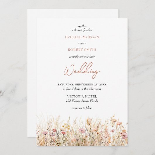 Invitation Boho neutre terroir pastel fleurs sauvages prairie (Devant / Derrière)