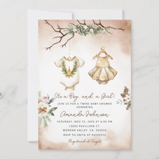 Invitation Boho Noël Twin Baby shower de vêtements bébé (Devant)