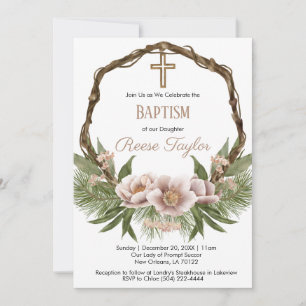 Invitation Boho Noël Wooden Wreath Baptême