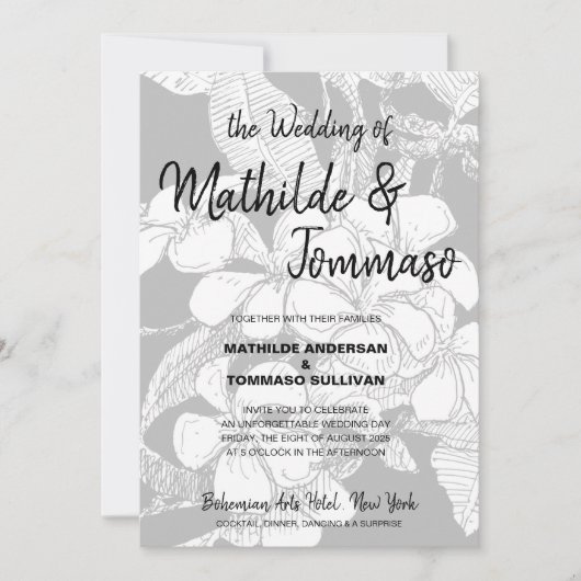 Invitation Boho noir blanc dessin Mariage floral (Devant)