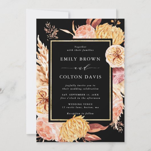 Invitation Boho noir Bourgogne Mariage de fleurs en terre cui (Devant)