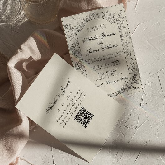 Invitation Boho Noir Crème Floral Botanique Code QR Mariage