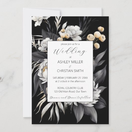 Invitation Boho noir et blanc élégant tout en un mariage (Devant)