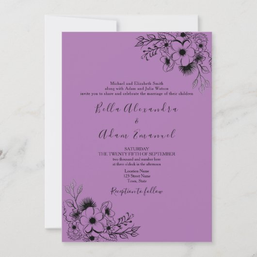 Invitation Boho noir et violet tout en un Mariage (Devant)