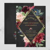 Invitation Boho noir Mariage Bourgogne Merlot or Floral (Devant / Derrière)