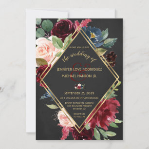 Invitation Boho noir Mariage Bourgogne Merlot or Floral