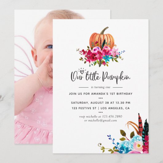 Invitation Boho Notre petit Citrouille N'importe quel âge fêt (Devant / Derrière)