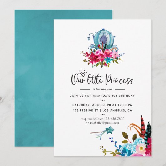Invitation Boho Notre petite princesse Fête d'anniversaire de (Devant / Derrière)