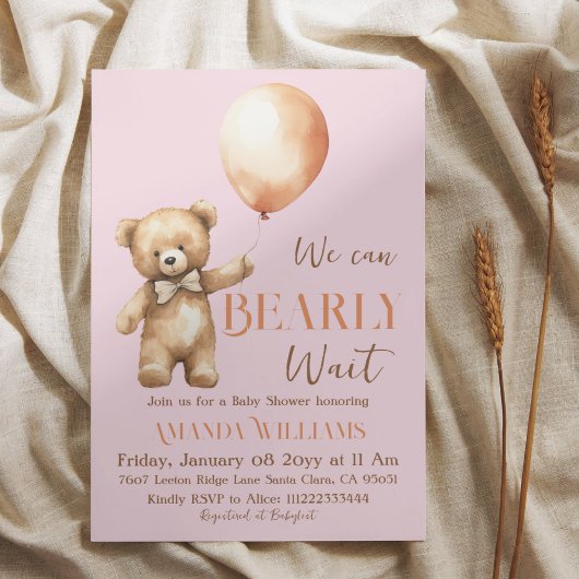 Invitation Boho Nous Pouvons Beary Attendre Pink Bear Girl Ba