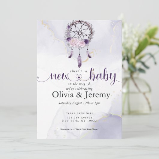 Invitation BOHO Nouveau bébé Améthyste Dusty Rose Dream Catch (Debout devant)