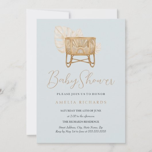 Invitation Boho Nursery Bassinet Baby shower bleu (Devant)