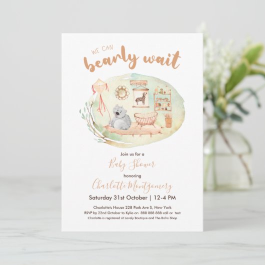 Invitation Boho Nursery Nous Pouvons Bearly Wait Baby shower (Debout devant)