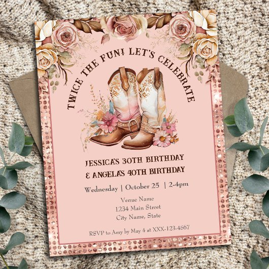 Invitation Boho Occidental Rose Floral Cowgirl Double Anniver