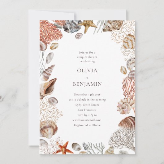 Invitation Boho Ocean Seashells Coral Beach Couples Douche (Devant)