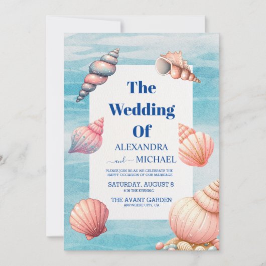 Invitation Boho Ocean Seashells Coral Beach Mariage unique (Devant)