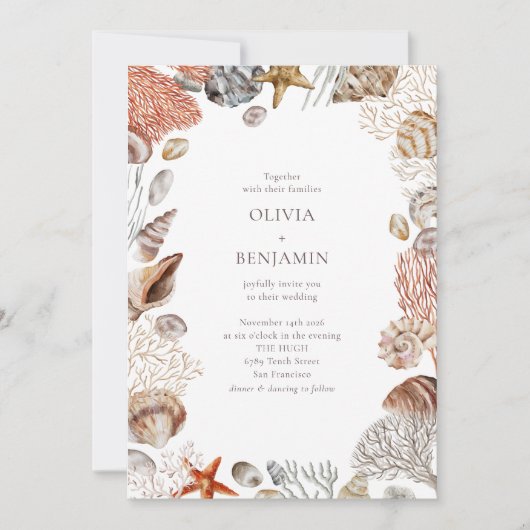 Invitation Boho Ocean Seashells Coral Beach Mariage unique (Devant)